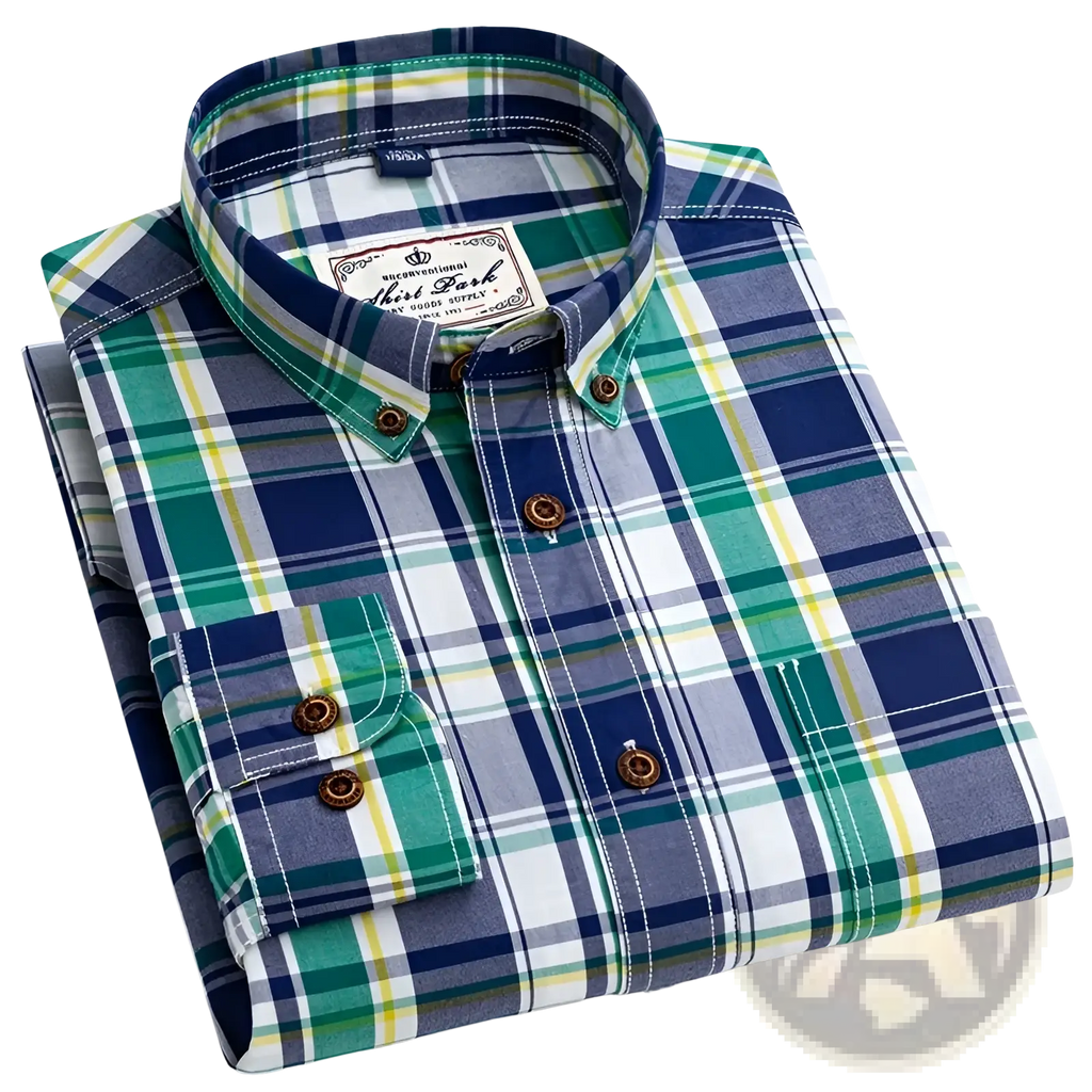 A neatly folded men’s cotton plaid long sleeve slim fit shirt with navy blue green white and yellow stripes and brown buttons