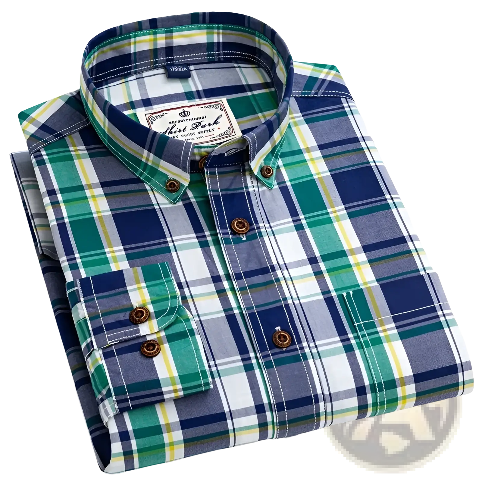 A neatly folded men’s cotton plaid long sleeve slim fit shirt with navy blue green white and yellow stripes and brown buttons