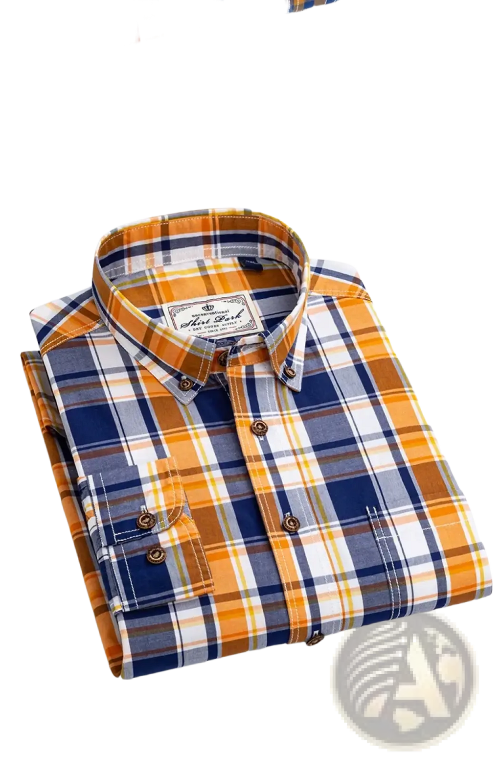 Men’s cotton plaid long sleeve slim fit shirt folded with navy blue orange white pattern and brown buttons