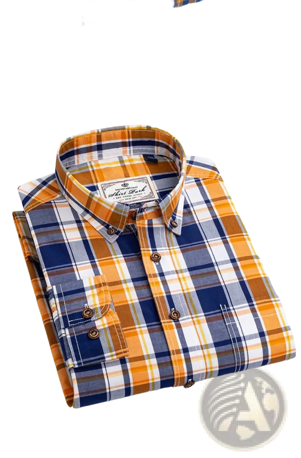 Men’s cotton plaid long sleeve slim fit shirt folded with navy blue orange white pattern and brown buttons
