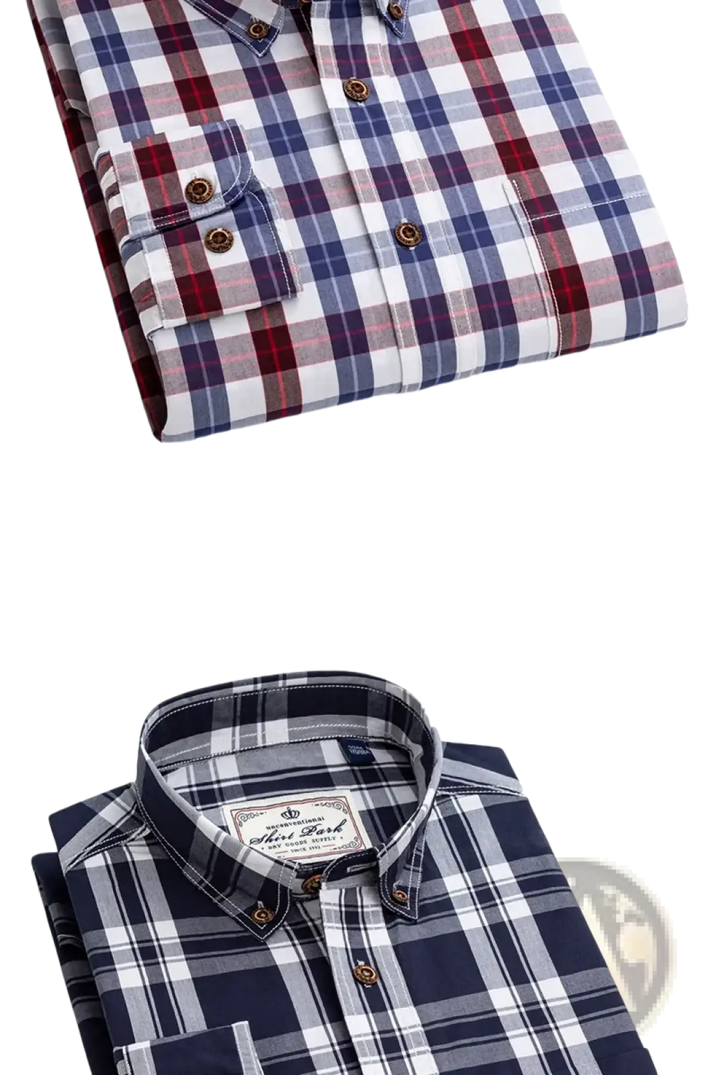 A neatly folded men’s cotton plaid long sleeve slim fit shirt with classic collar and chest pocket buttons