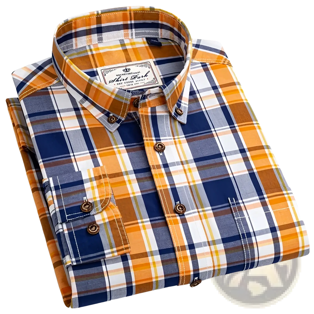 Men’s cotton plaid long sleeve slim fit shirt neatly folded with navy blue orange white and gray pattern and brown buttons