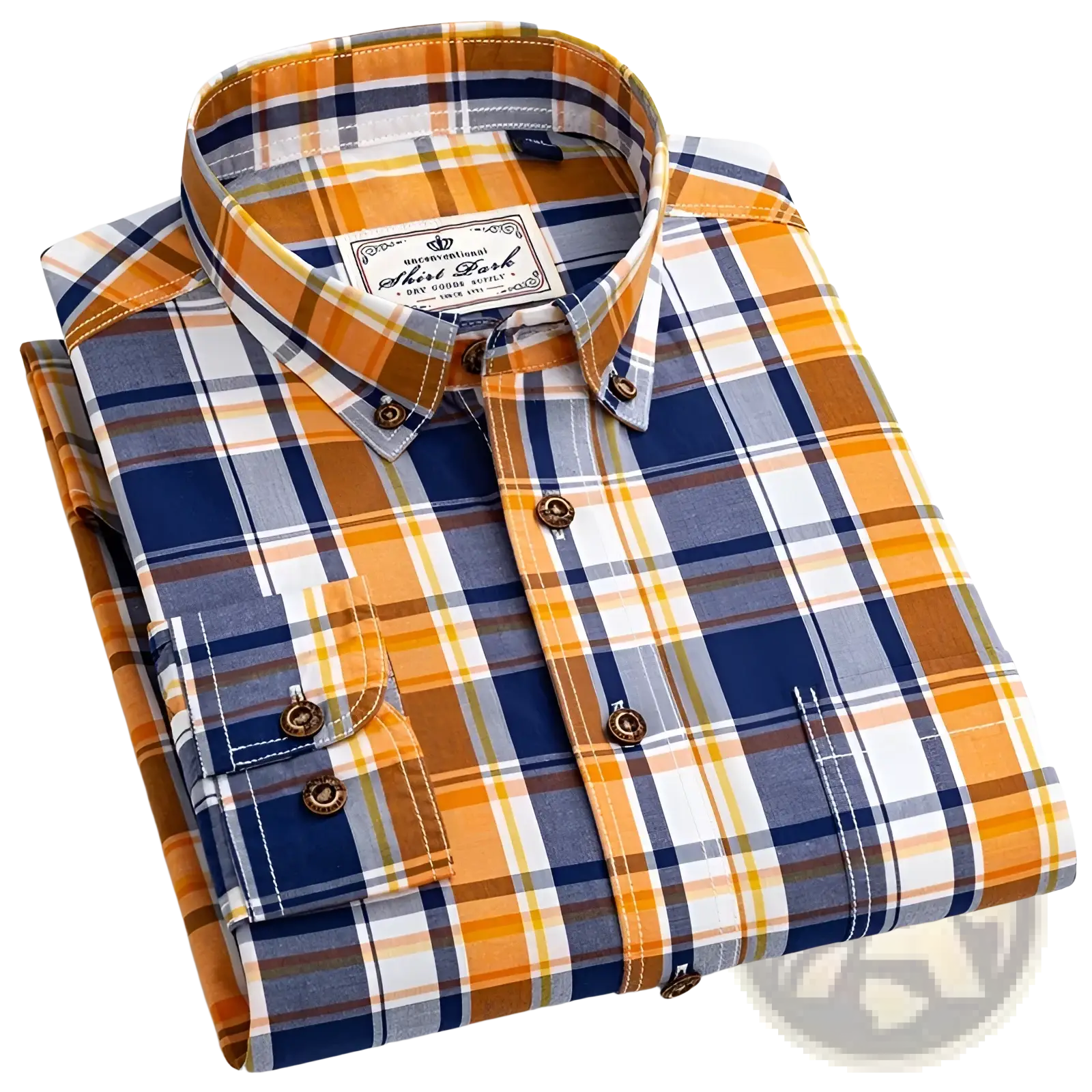 Men’s cotton plaid long sleeve slim fit shirt neatly folded with navy blue orange white and gray pattern and brown buttons