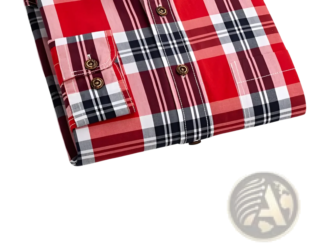 Men’s cotton plaid long sleeve slim fit shirt in red black and white with brass buttons