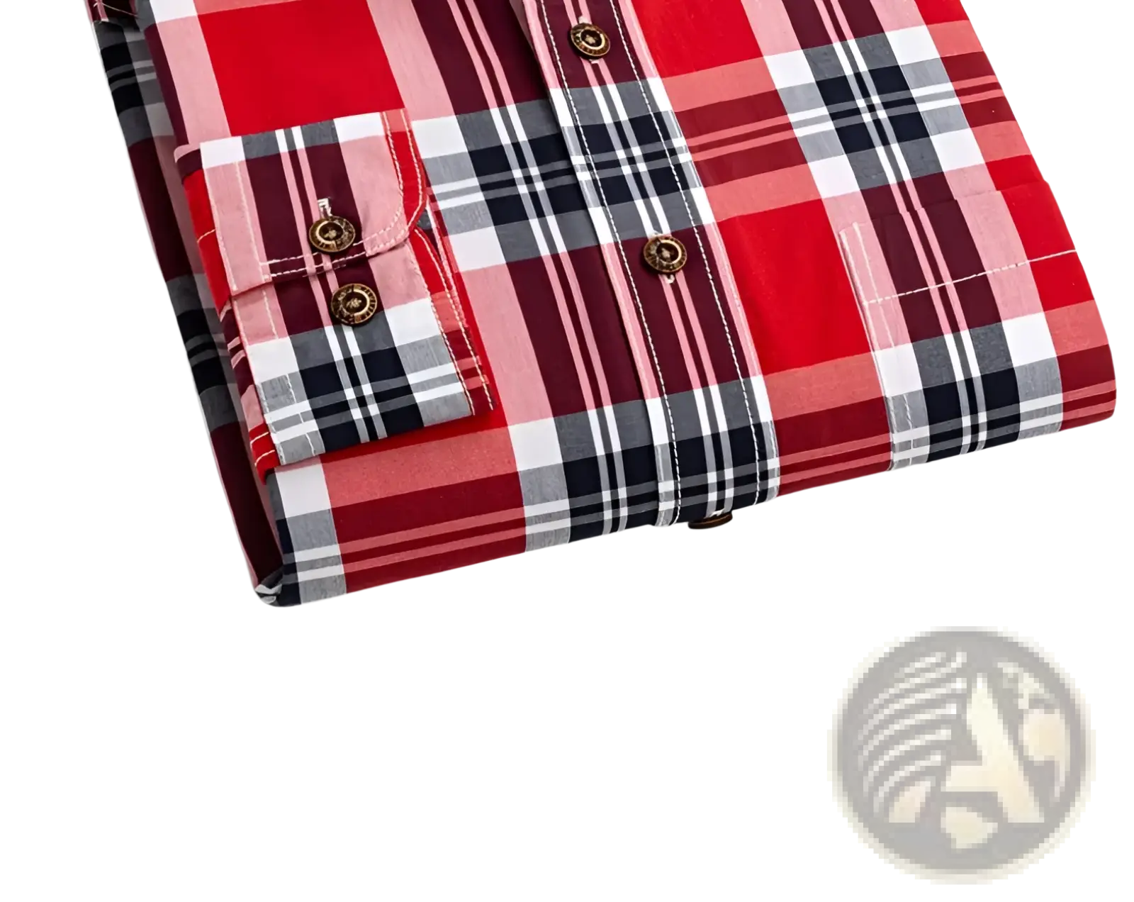 Men’s cotton plaid long sleeve slim fit shirt in red black and white with brass buttons
