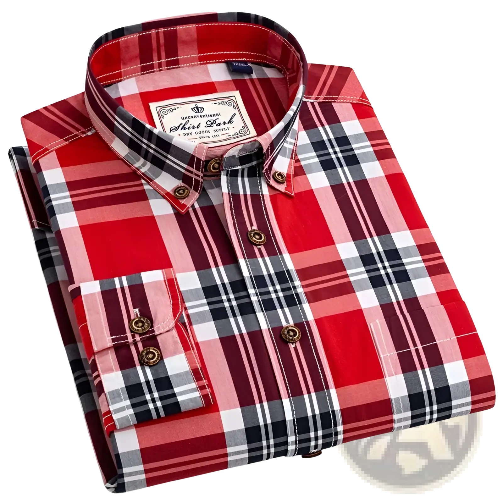 Men’s cotton plaid long sleeve slim fit shirt in red black and white with button-down collar and chest pocket