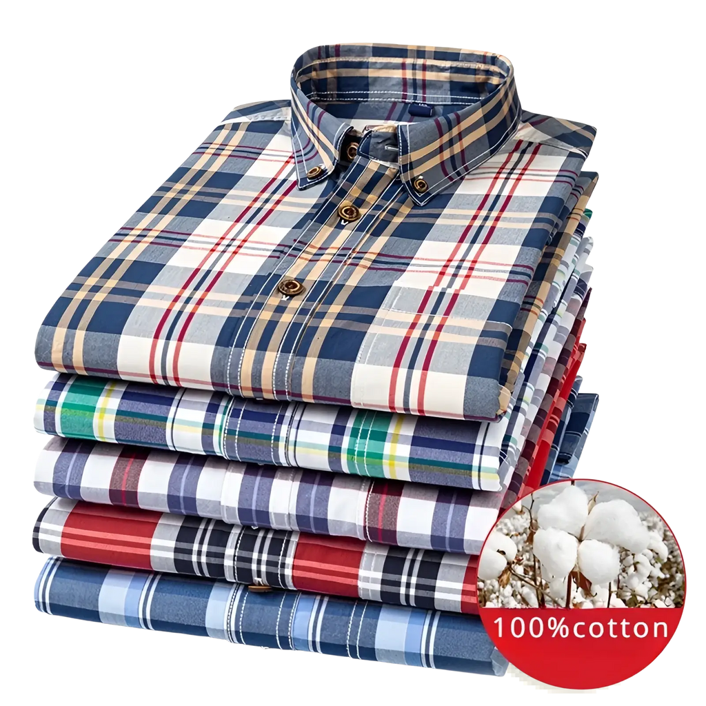 Stack of men’s cotton plaid long sleeve slim fit shirts in navy beige red and green with wooden buttons neatly folded
