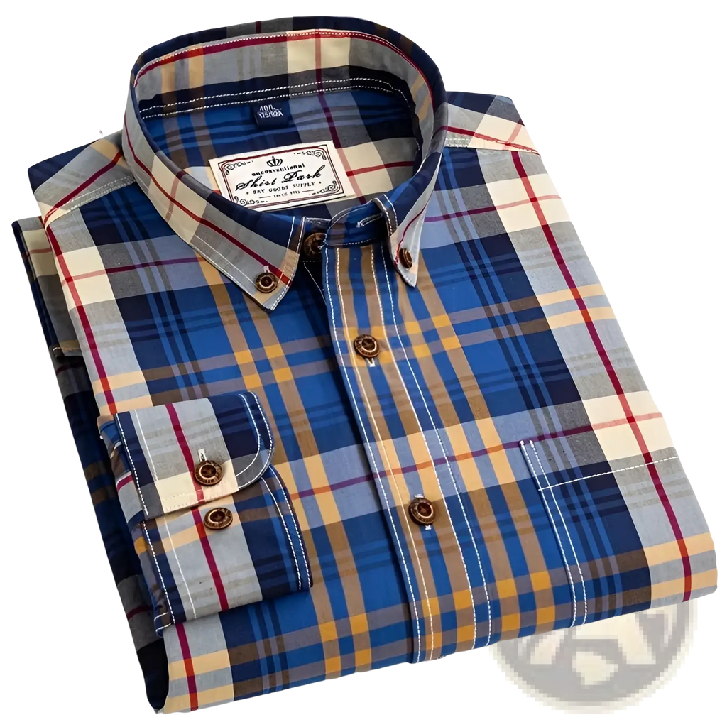 Men’s cotton plaid long sleeve slim fit shirt in blue yellow and gray with brown buttons