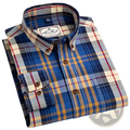 Men’s cotton plaid long sleeve slim fit shirt in blue yellow and gray with brown buttons