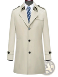 Men’s cotton trench coat beige with black buttons and silver-toned shoulder epaulets ideal for spring outerwear