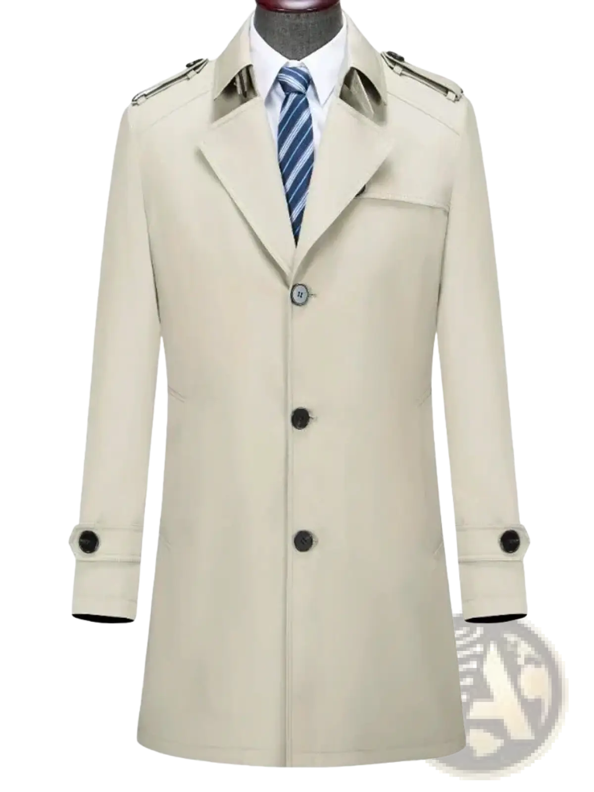 Men’s cotton trench coat beige with black buttons and silver-toned shoulder epaulets ideal for spring outerwear
