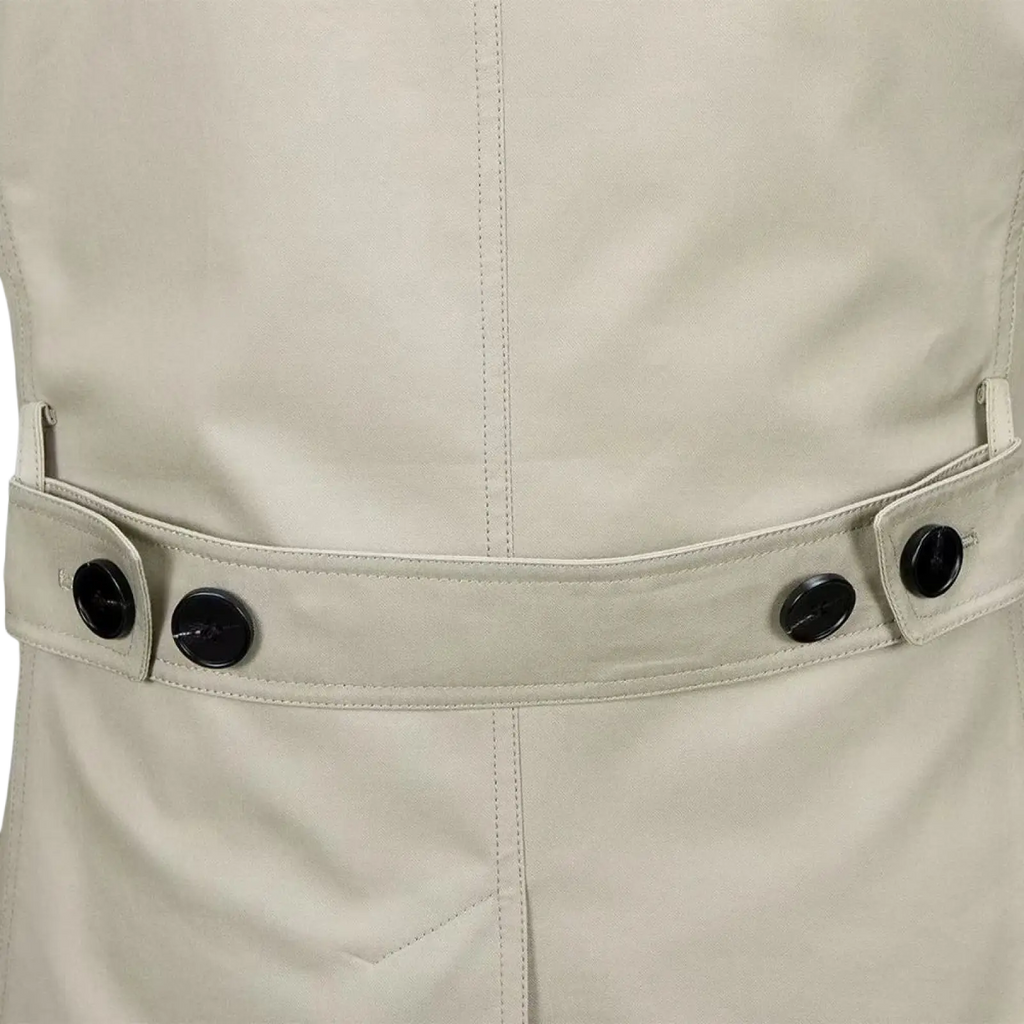 Men’s beige cotton trench coat belt with black buttons and stitched detailing for spring outerwear