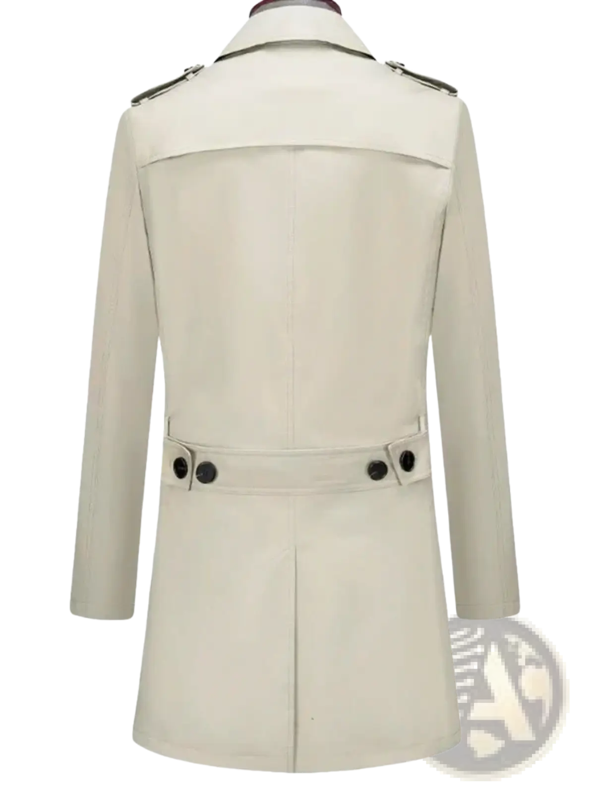 Beige men’s cotton trench coat with black buttons and shoulder epaulets suitable for spring outerwear
