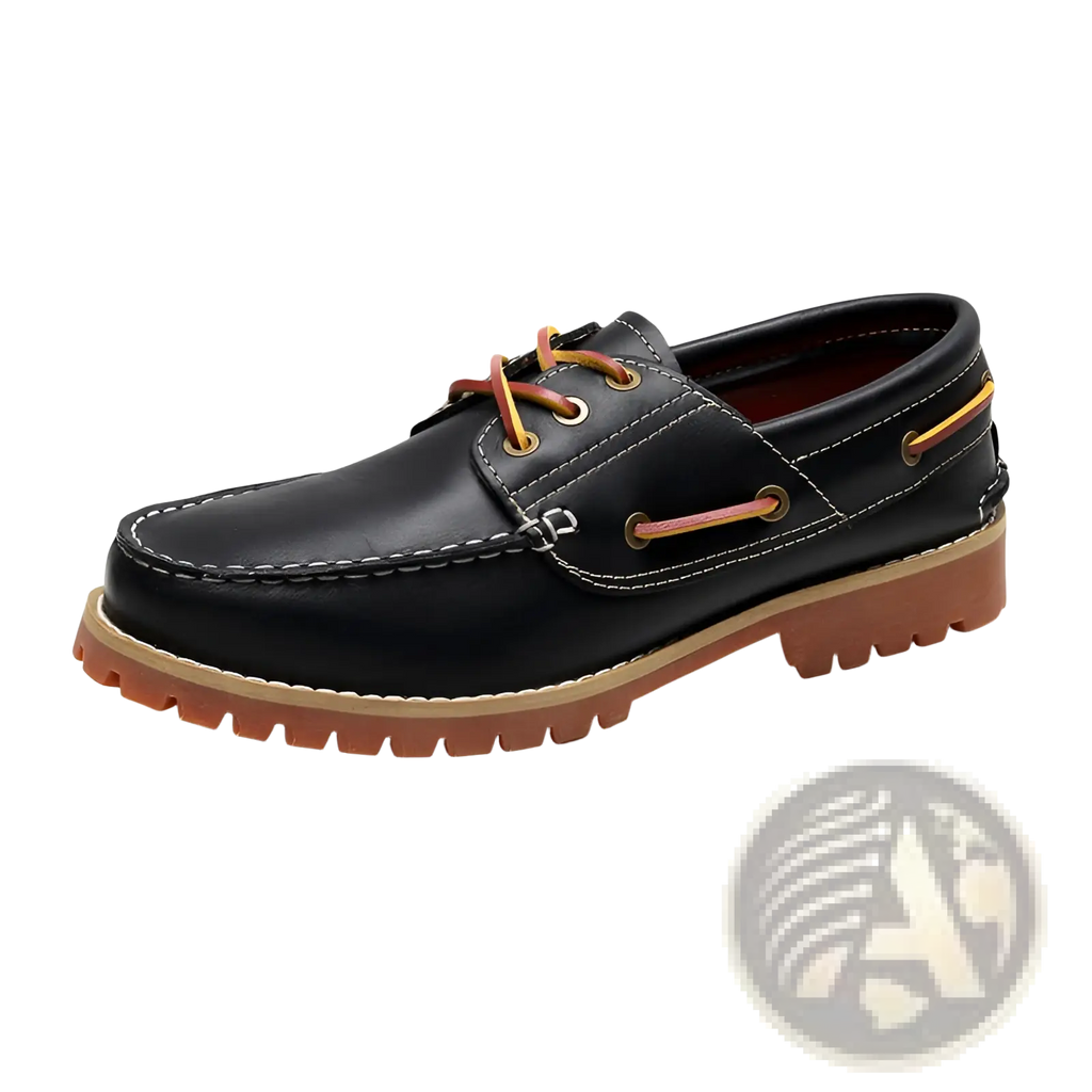 Men’s cowhide leather boat shoe in black with tan laces and a rugged brown rubber sole for casual wear