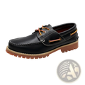 Men’s cowhide leather boat shoe in black with tan laces and a rugged brown rubber sole for casual wear