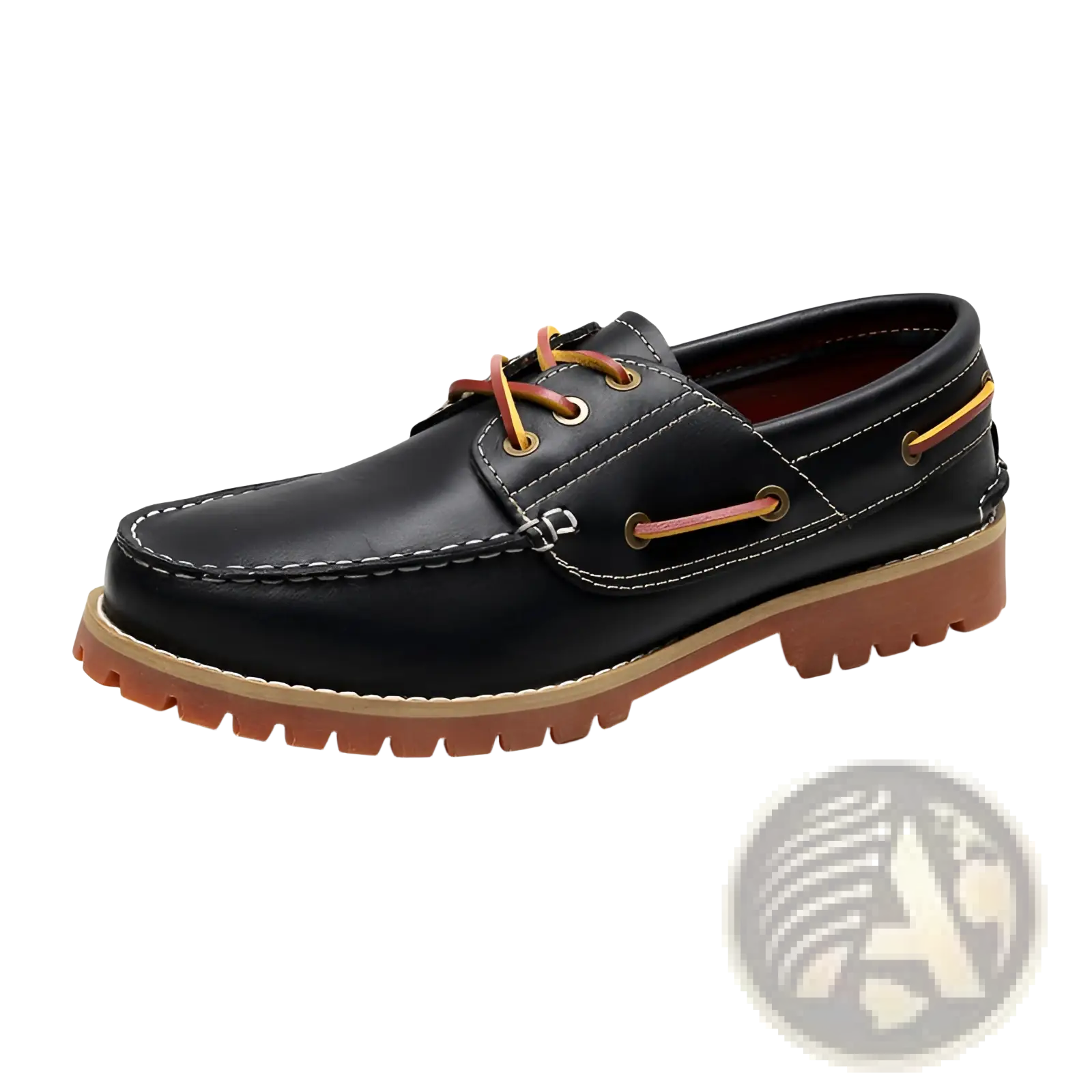 Men’s cowhide leather boat shoe in black with tan laces and a rugged brown rubber sole for casual wear