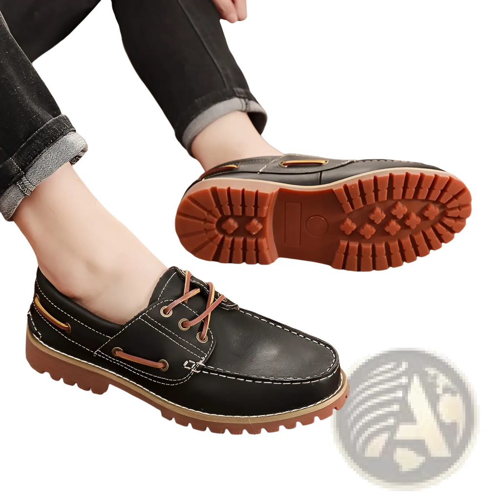 Men’s cowhide leather boat shoes in black with tan laces and contrasting brown rubber sole for casual wear