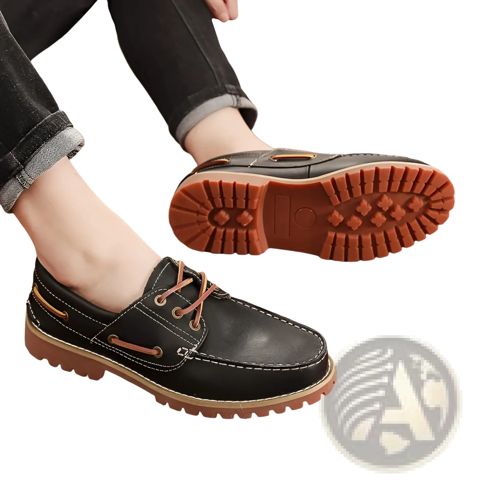 Men’s cowhide leather boat shoes in black with tan laces and contrasting brown rubber sole for casual wear
