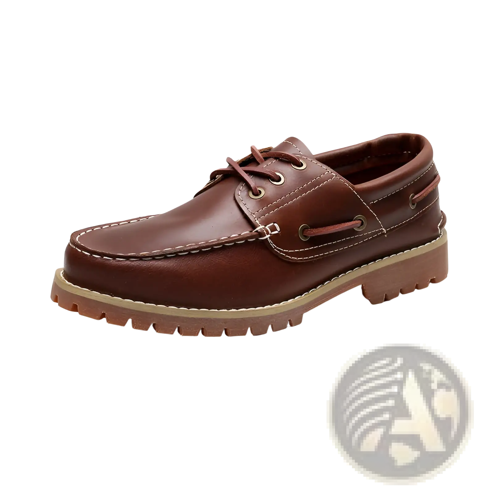 Men’s cowhide leather boat shoe in brown with tan rubber sole and matching laces for casual wear