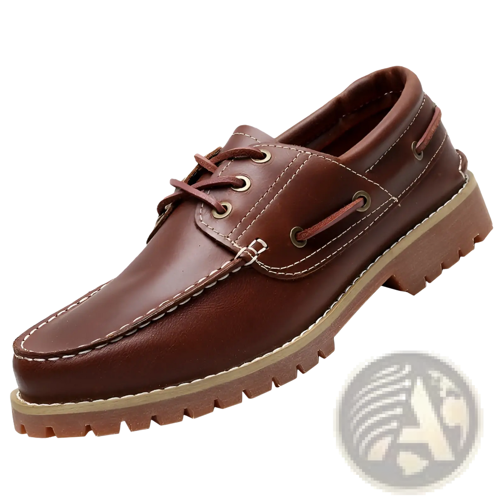 Men’s cowhide leather boat shoe in brown with tan stitching and a rugged textured sole for casual wear