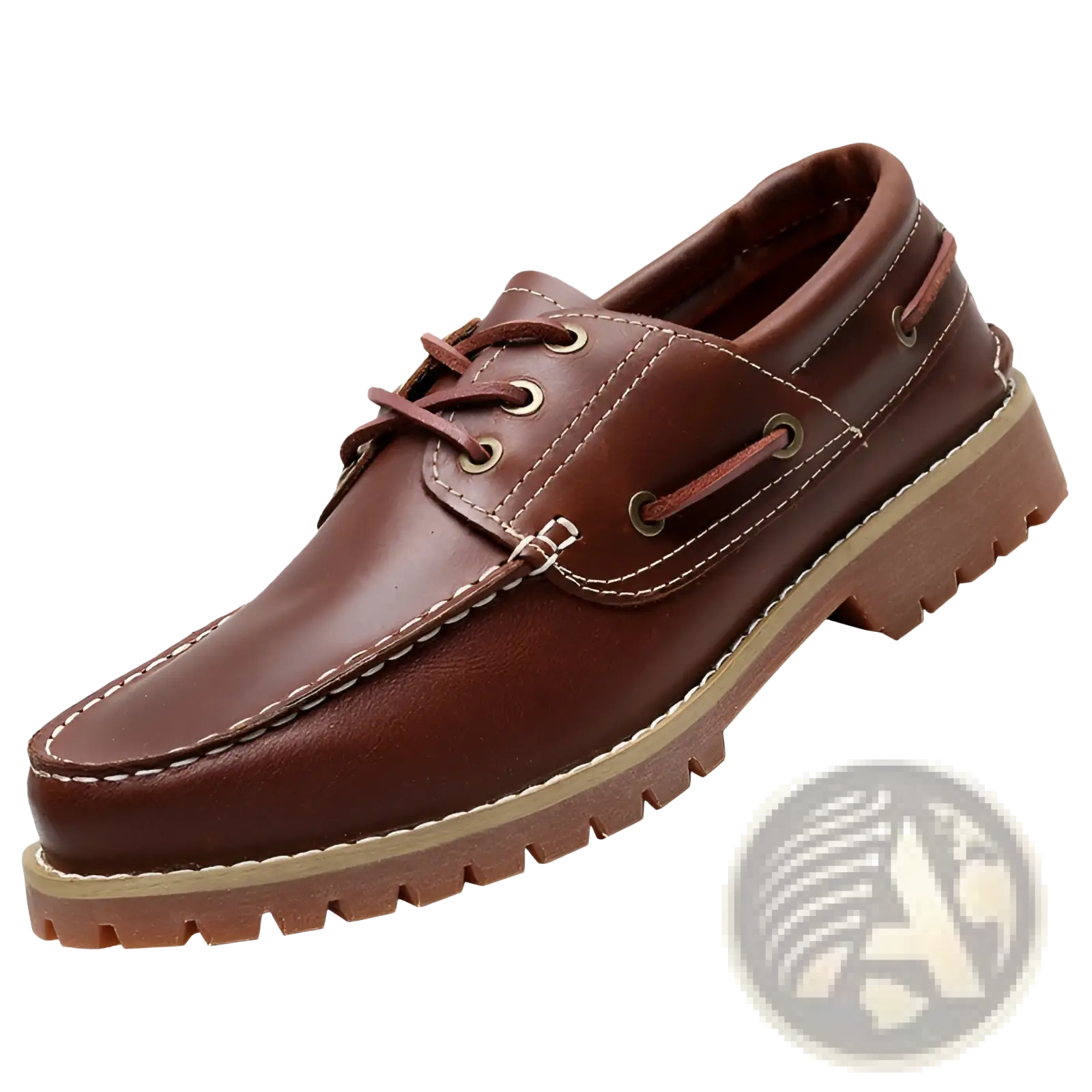 Men’s cowhide leather boat shoe in brown with tan stitching and a rugged textured sole for casual wear