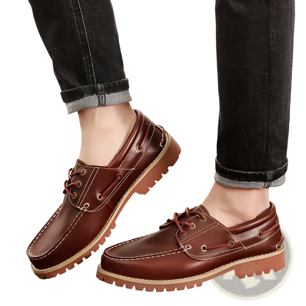 Men’s cowhide leather boat shoes in brown with tan soles and matching laces for casual wear