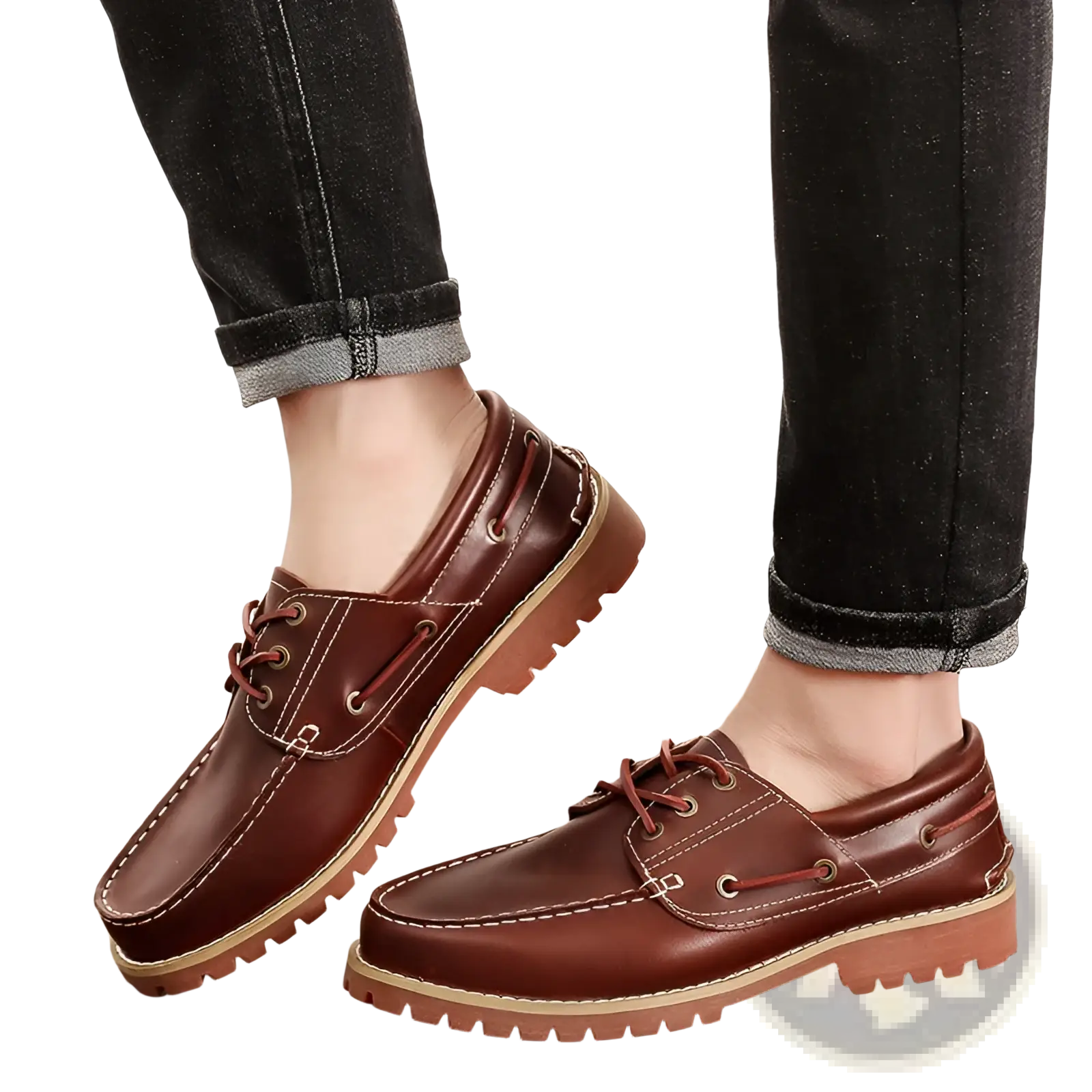 Men’s cowhide leather boat shoes in brown with tan soles and matching laces for casual wear