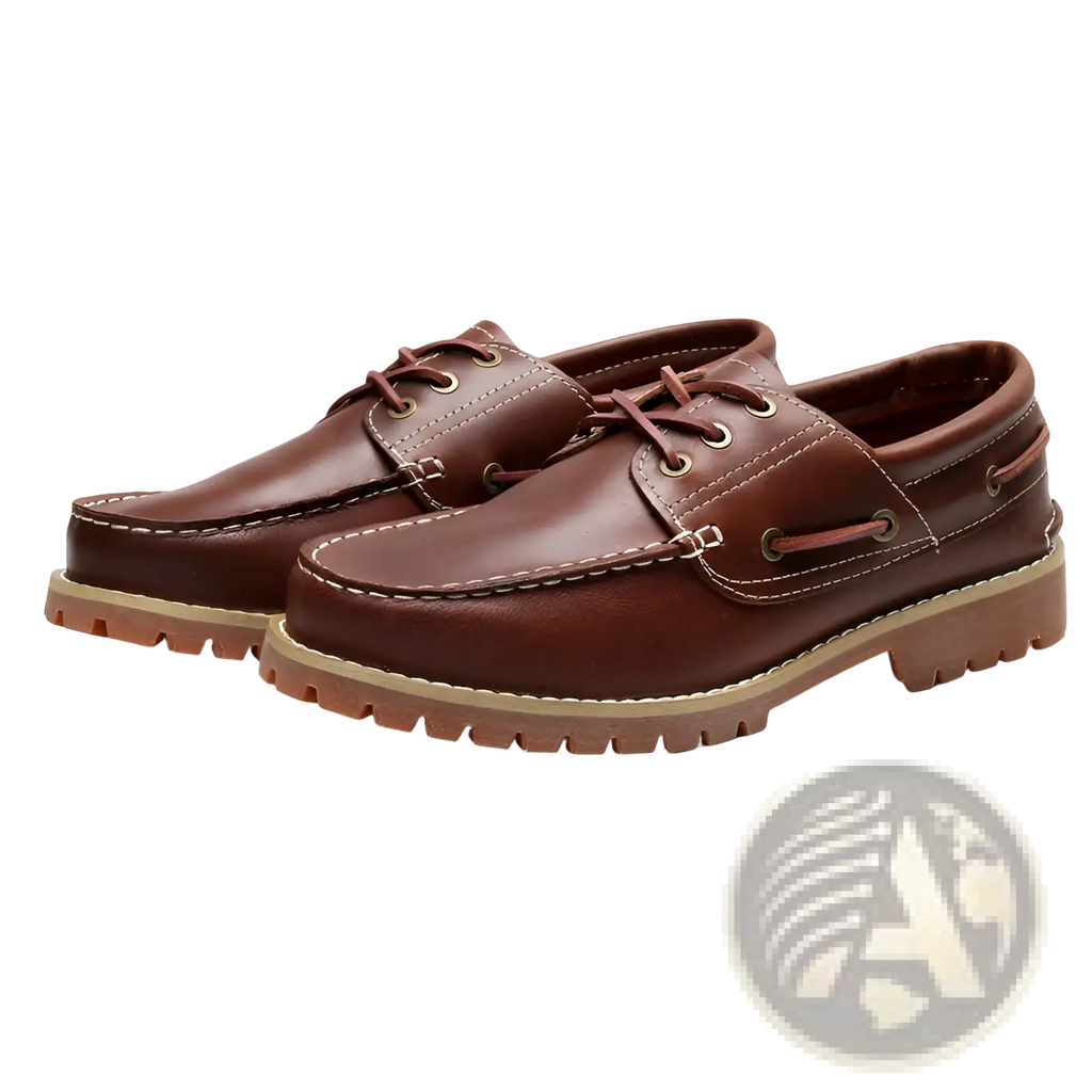 Men’s cowhide leather boat shoes in brown with tan rubber soles and matching laces for casual wear