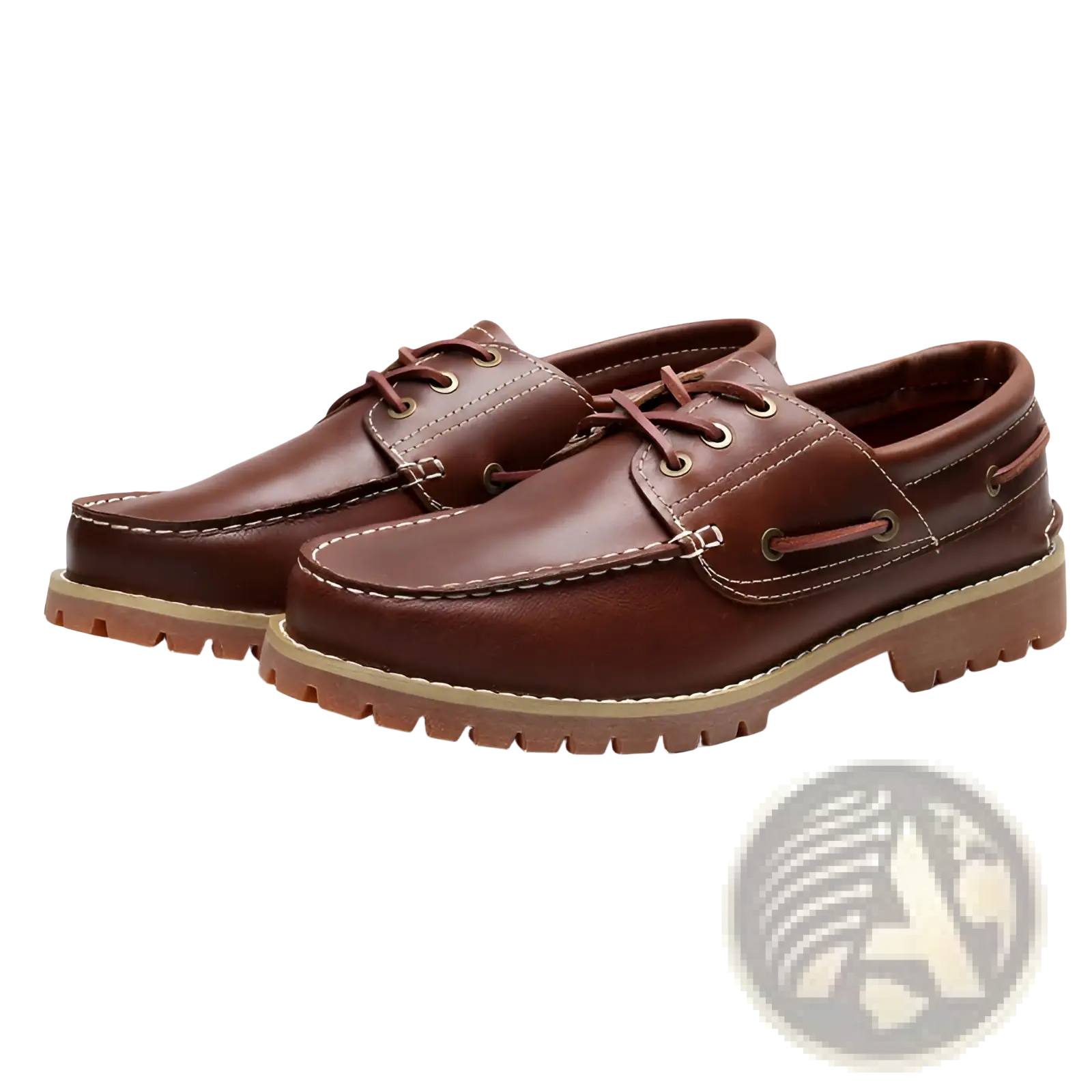 Men’s cowhide leather boat shoes in brown with tan rubber soles and matching laces for casual wear