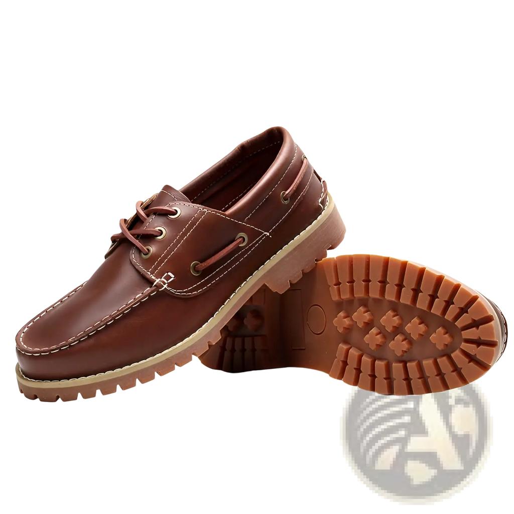 Men’s cowhide leather boat shoes in brown with tan rubber soles and matching laces for casual wear