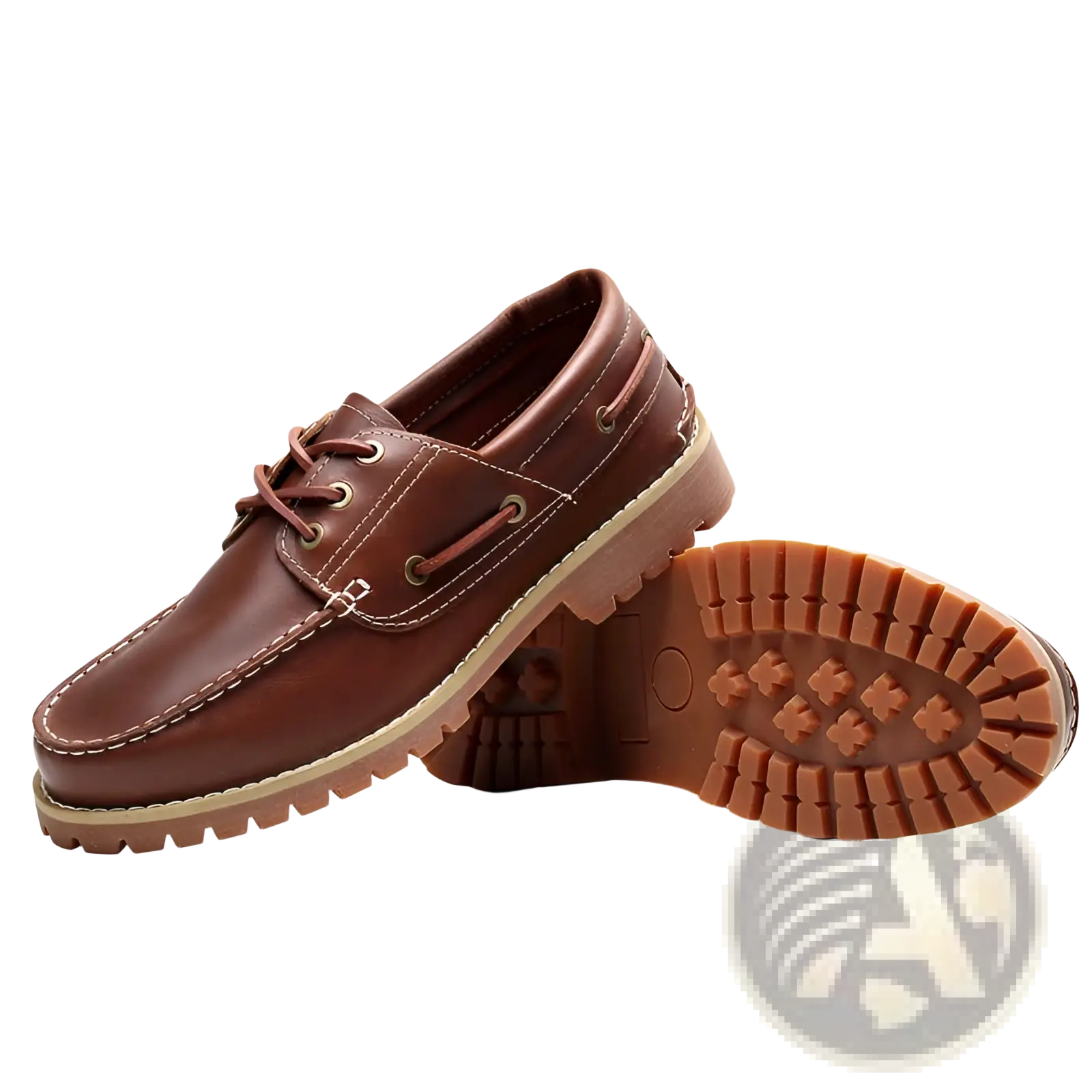 Men’s cowhide leather boat shoes in brown with tan rubber soles and matching laces for casual wear