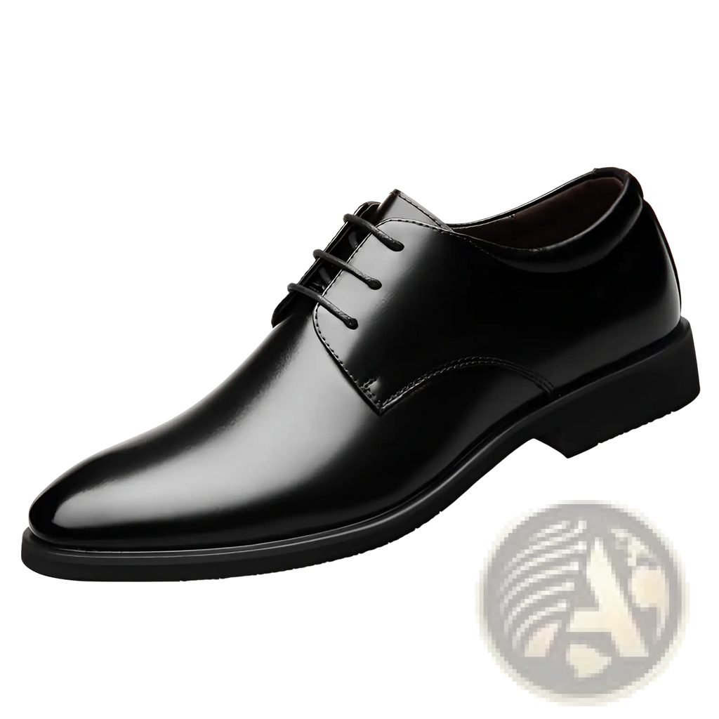 Men’s cowhide leather business oxford dress shoe in black patent leather with lace-up and polished finish