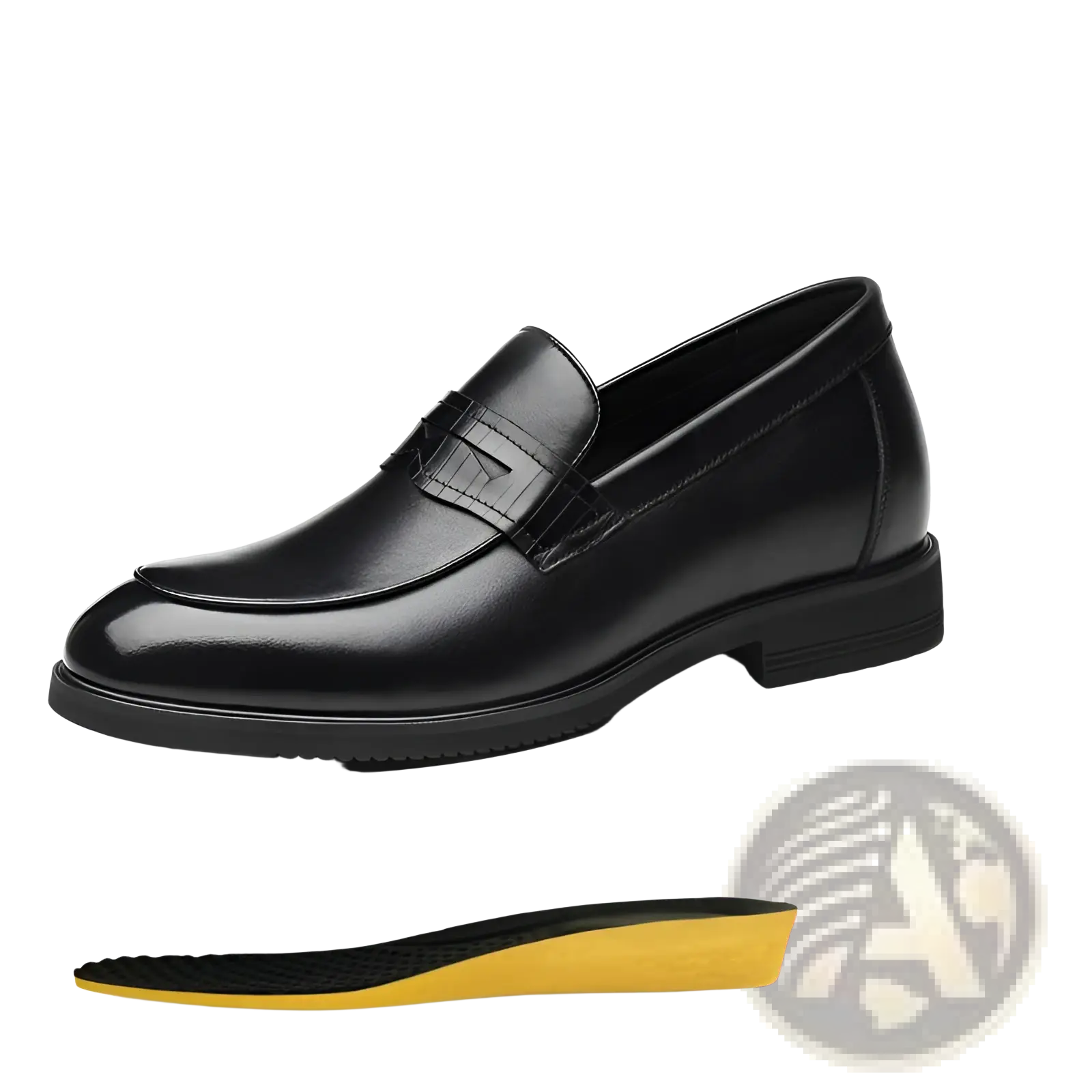 Men’s black cowhide leather formal loafers with 6cm height-increasing insoles showing the back side