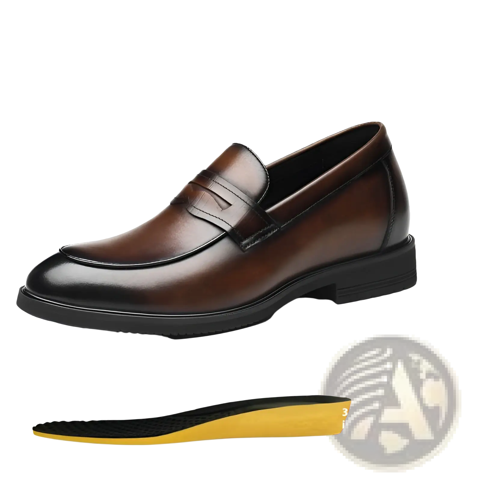 Men’s brown cowhide leather height increasing formal loafer with polished finish and black rubber sole