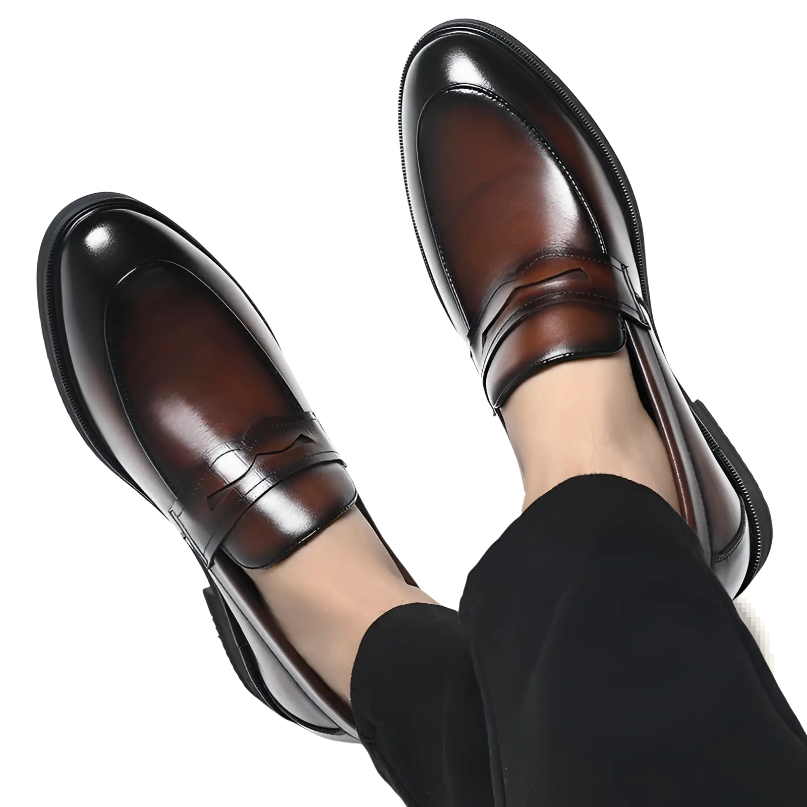 Men’s cowhide leather height increasing formal loafers in polished brown with classic slip-on design and dark stitching