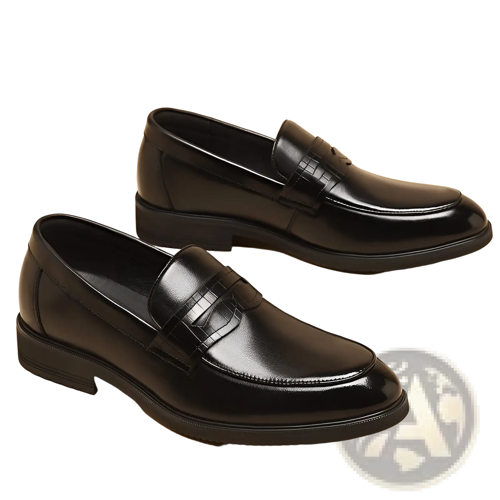 Black leather men’s cowhide leather height increasing formal loafers with subtle crocodile-textured strap detail