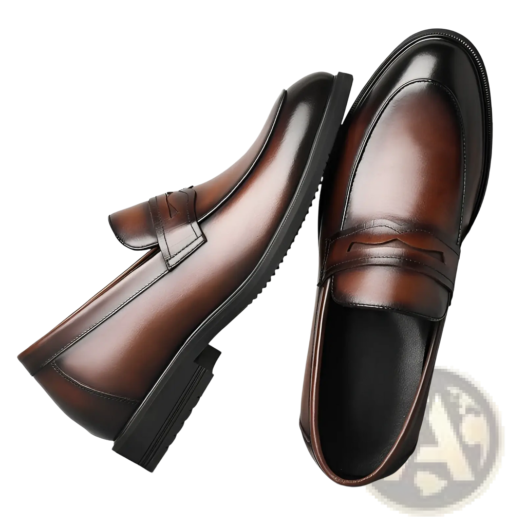Men’s cowhide leather height increasing formal loafers in brown with polished finish and black rubber soles