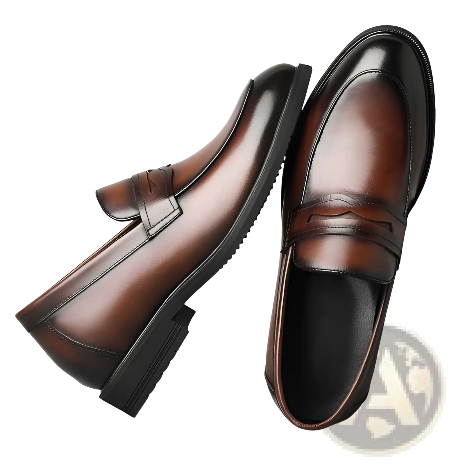 Men’s cowhide leather height increasing formal loafers in brown with polished finish and black rubber soles