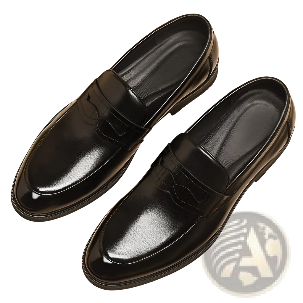 Men’s black cowhide leather height increasing formal loafers with glossy patent finish and embossed vamp detailing