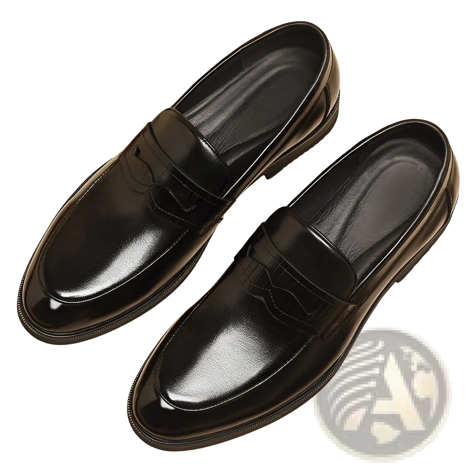 Men’s black cowhide leather height increasing formal loafers with glossy patent finish and embossed vamp detailing