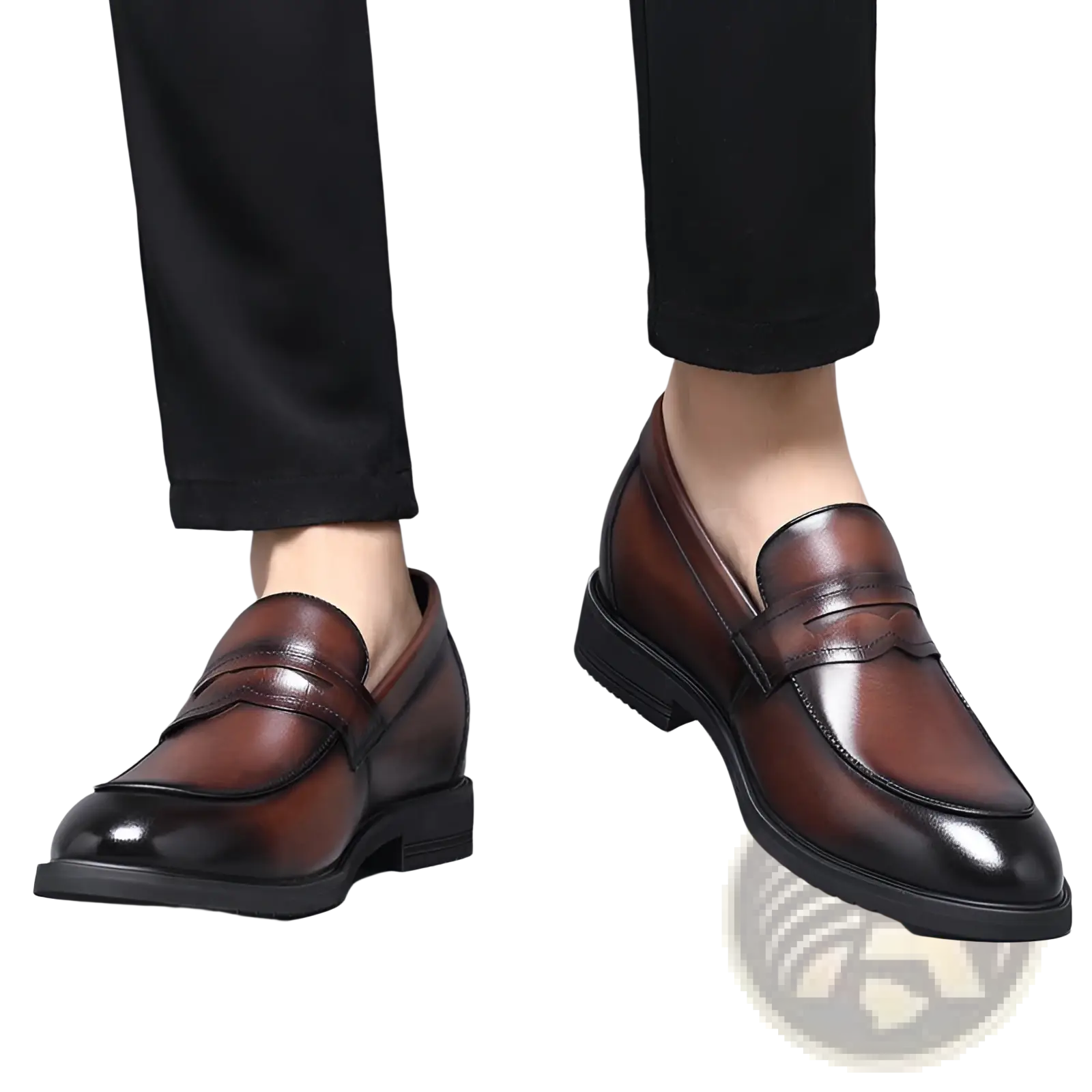 Polished brown cowhide leather men’s loafers with classic penny loafer design and black rubber soles for formal use