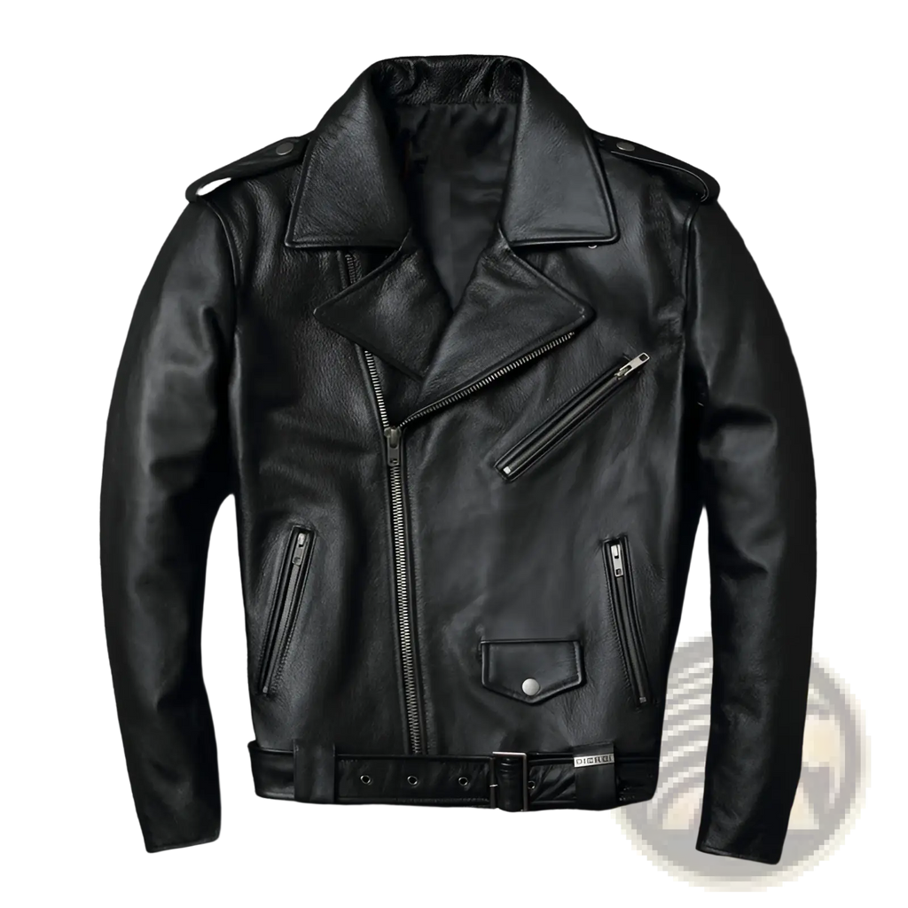 Men’s black cowhide leather biker jacket with lapels silver zippers and belt for motorcycle use
