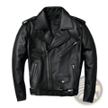 Men’s black cowhide leather biker jacket with lapels silver zippers and belt for motorcycle use