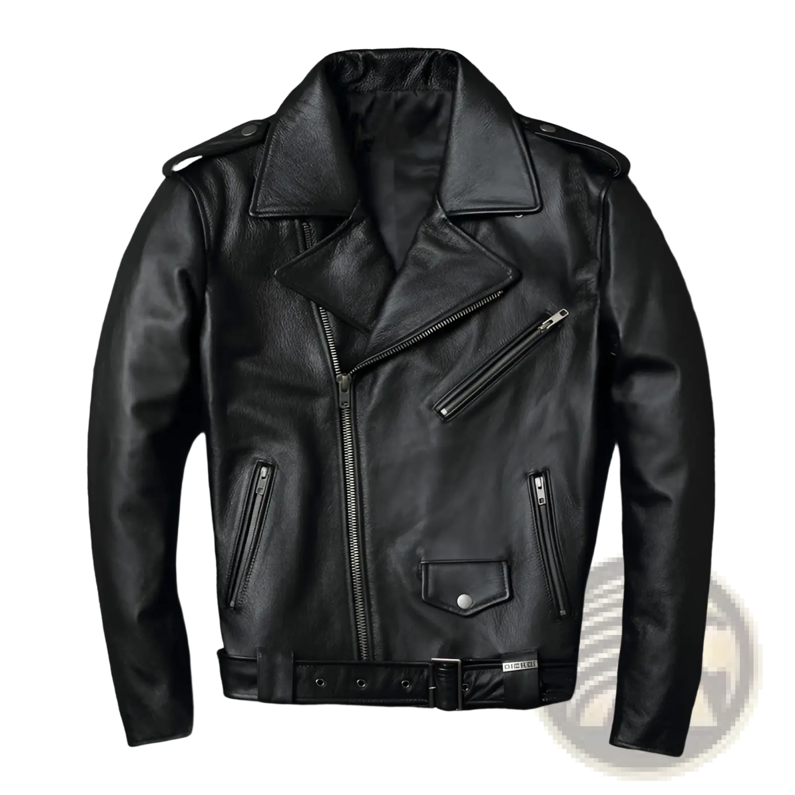 Men’s black cowhide leather biker jacket with lapels silver zippers and belt for motorcycle use