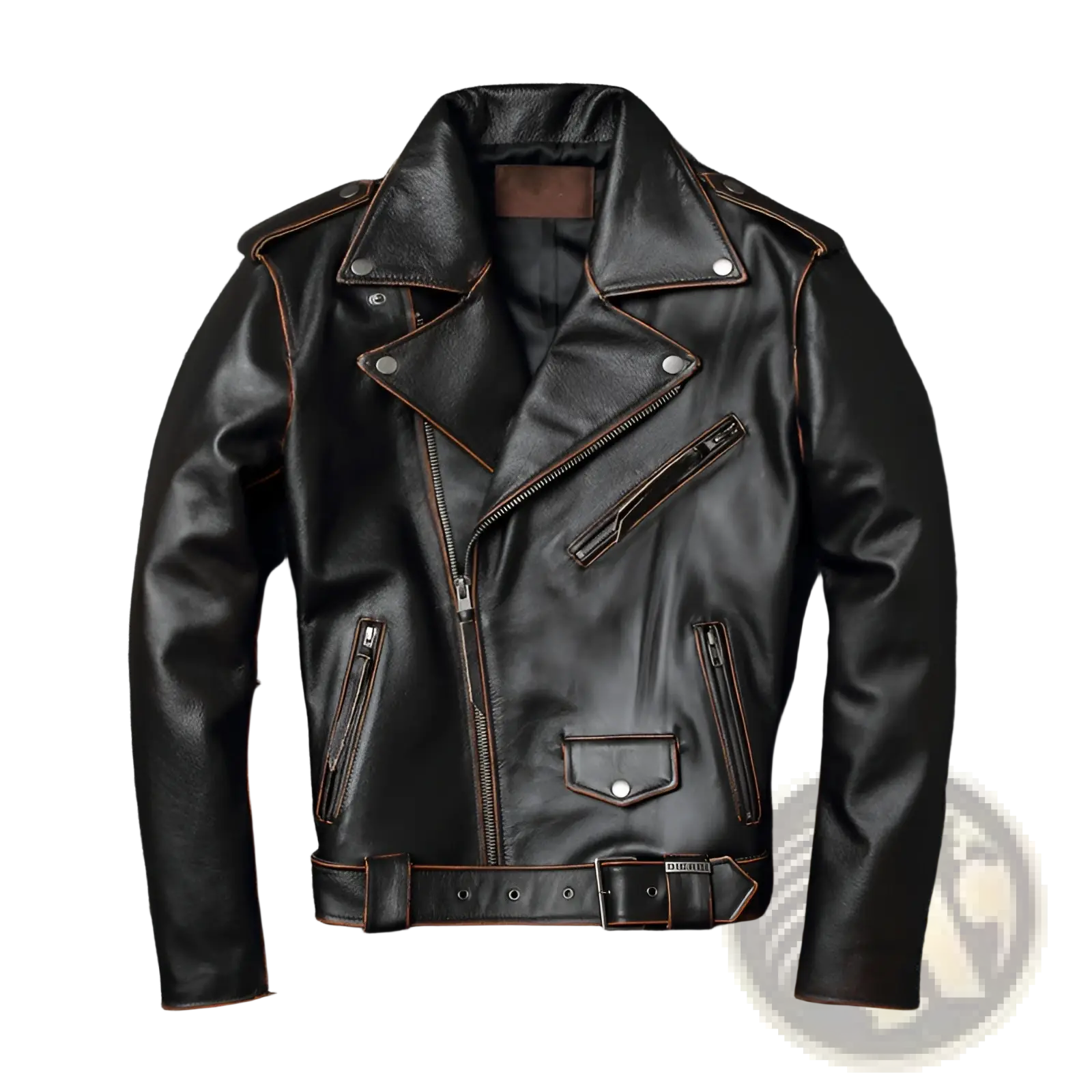 Men’s black cowhide leather motorcycle biker jacket with brown stitching and silver zippers featuring lapels