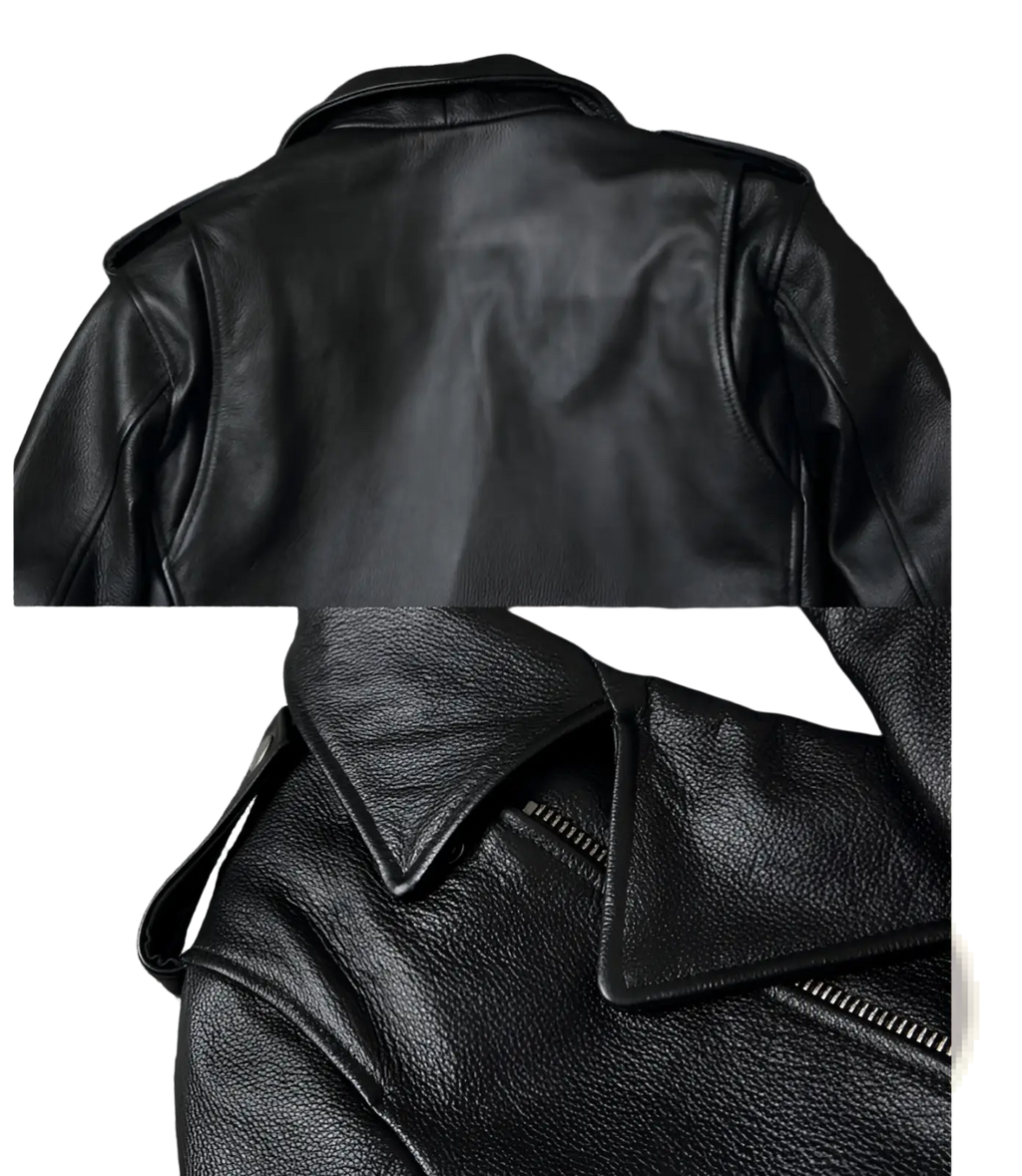 Men’s black cowhide leather motorcycle biker jacket with textured surface and classic collar design