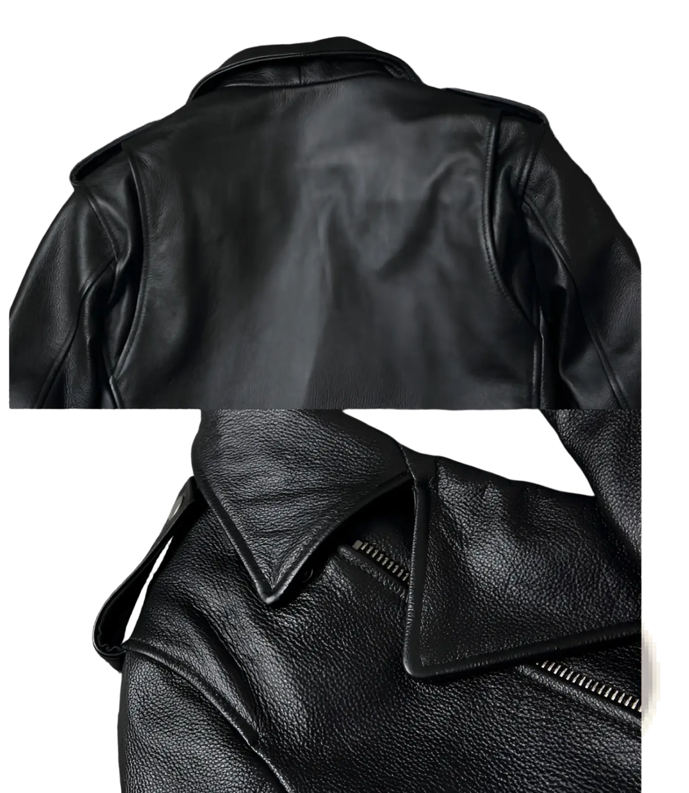 Men’s black cowhide leather motorcycle biker jacket with textured surface and classic collar design
