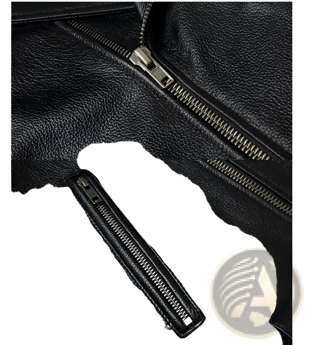 Men’s black cowhide leather motorcycle biker jacket with lapels featuring silver zippers and a textured surface