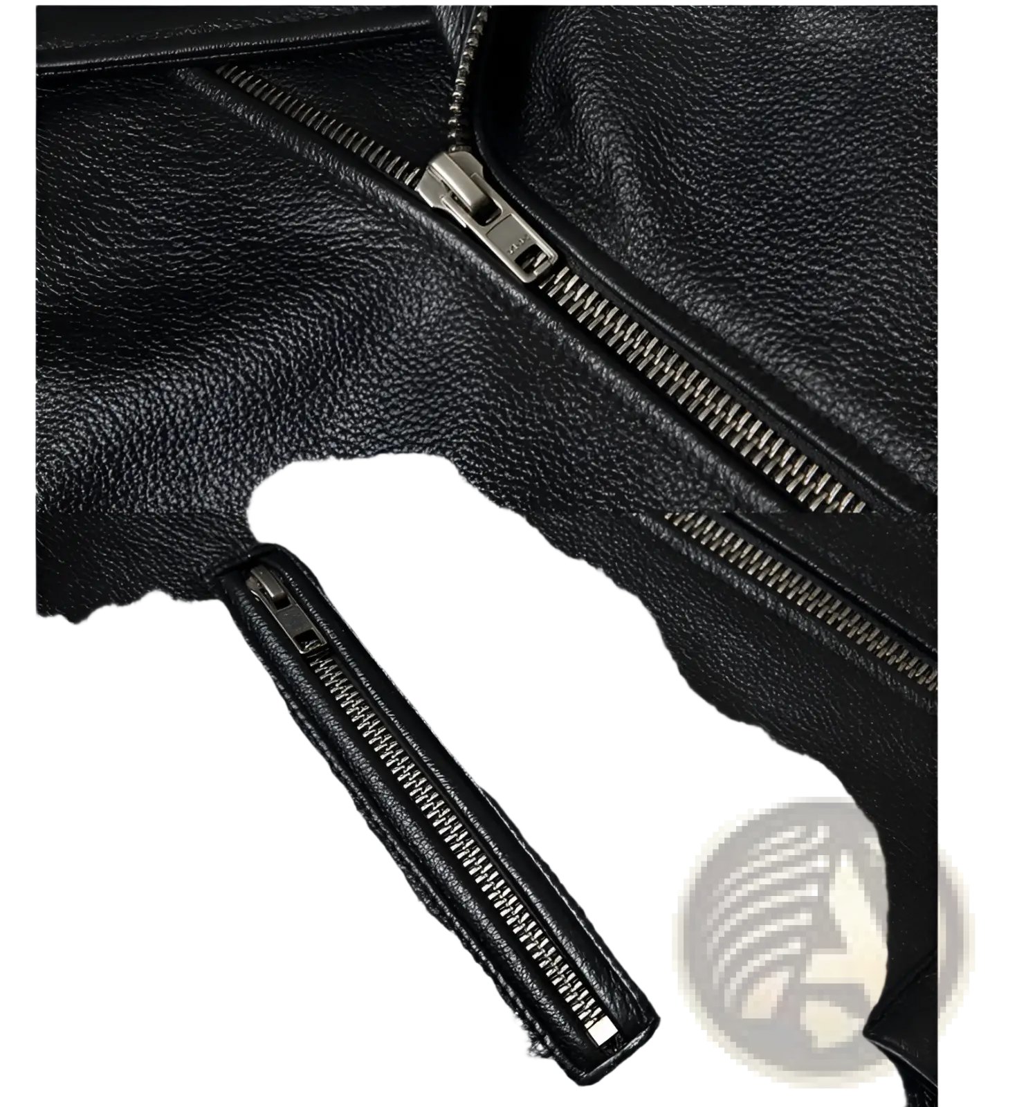 Men’s black cowhide leather motorcycle biker jacket with lapels featuring silver zippers and a textured surface