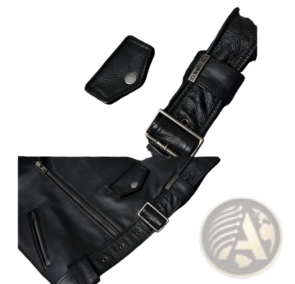 Men’s black cowhide leather motorcycle biker jacket with lapels silver zippers and metal buckles front view